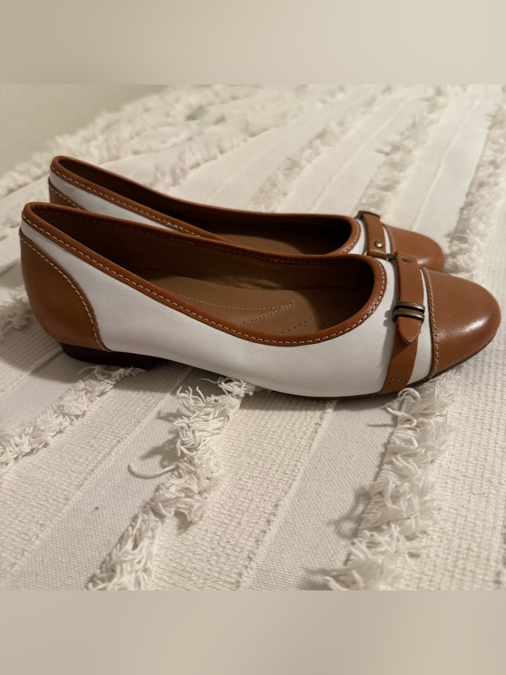 Clarks Two-Tone Brown and White Leather Ballet Flats